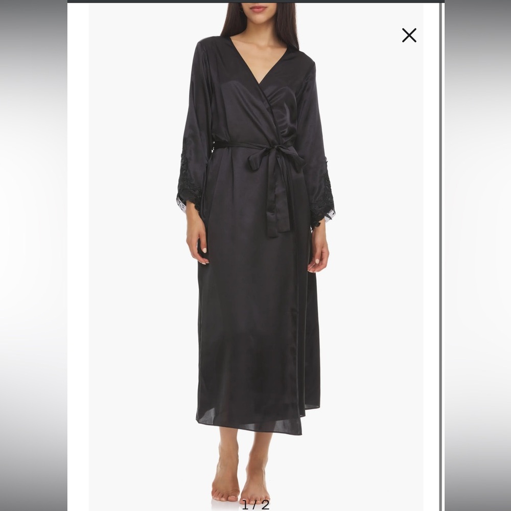 Stella Belted Lace Trim Satin Robe - Black -Size L/XL